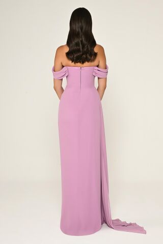 Düşük Omuz Yandan Yırtmaçlı Şifon Uzun Elbise AÇIK PEMBE - 40