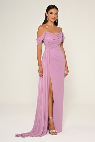 Düşük Omuz Yandan Yırtmaçlı Şifon Uzun Elbise AÇIK PEMBE - 42