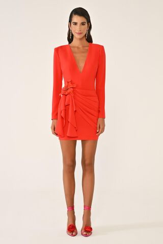 Uzun Kol Vatkalı Sırt Dekolteli Çiçek Aksesuarlı Kısa Elbise ORANGE - 38