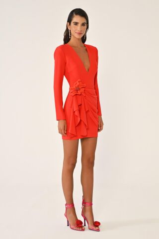 Uzun Kol Vatkalı Sırt Dekolteli Çiçek Aksesuarlı Kısa Elbise ORANGE - 38