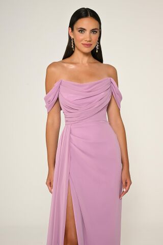 Düşük Omuz Yandan Yırtmaçlı Şifon Uzun Elbise AÇIK PEMBE - 44