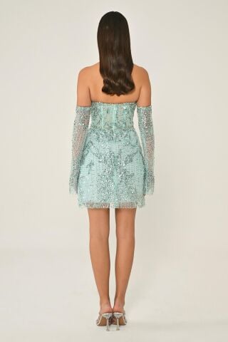 Straplez Taşlı Boncuk İşlemeli Kısa Elbise MİNT - 36
