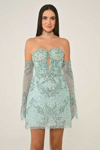 Straplez Taşlı Boncuk İşlemeli Kısa Elbise MİNT - 36