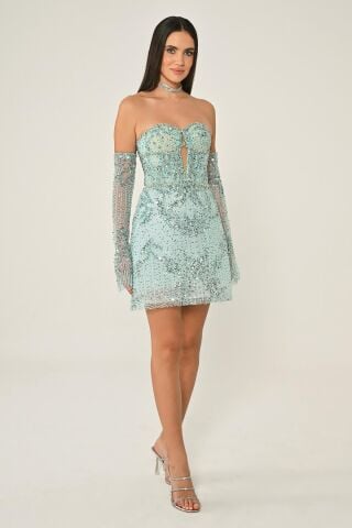 Straplez Taşlı Boncuk İşlemeli Kısa Elbise MİNT - 38