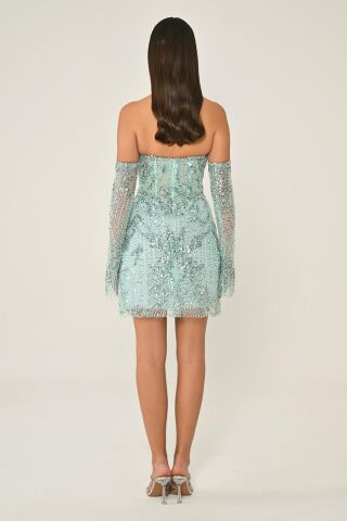 Straplez Taşlı Boncuk İşlemeli Kısa Elbise MİNT - 38