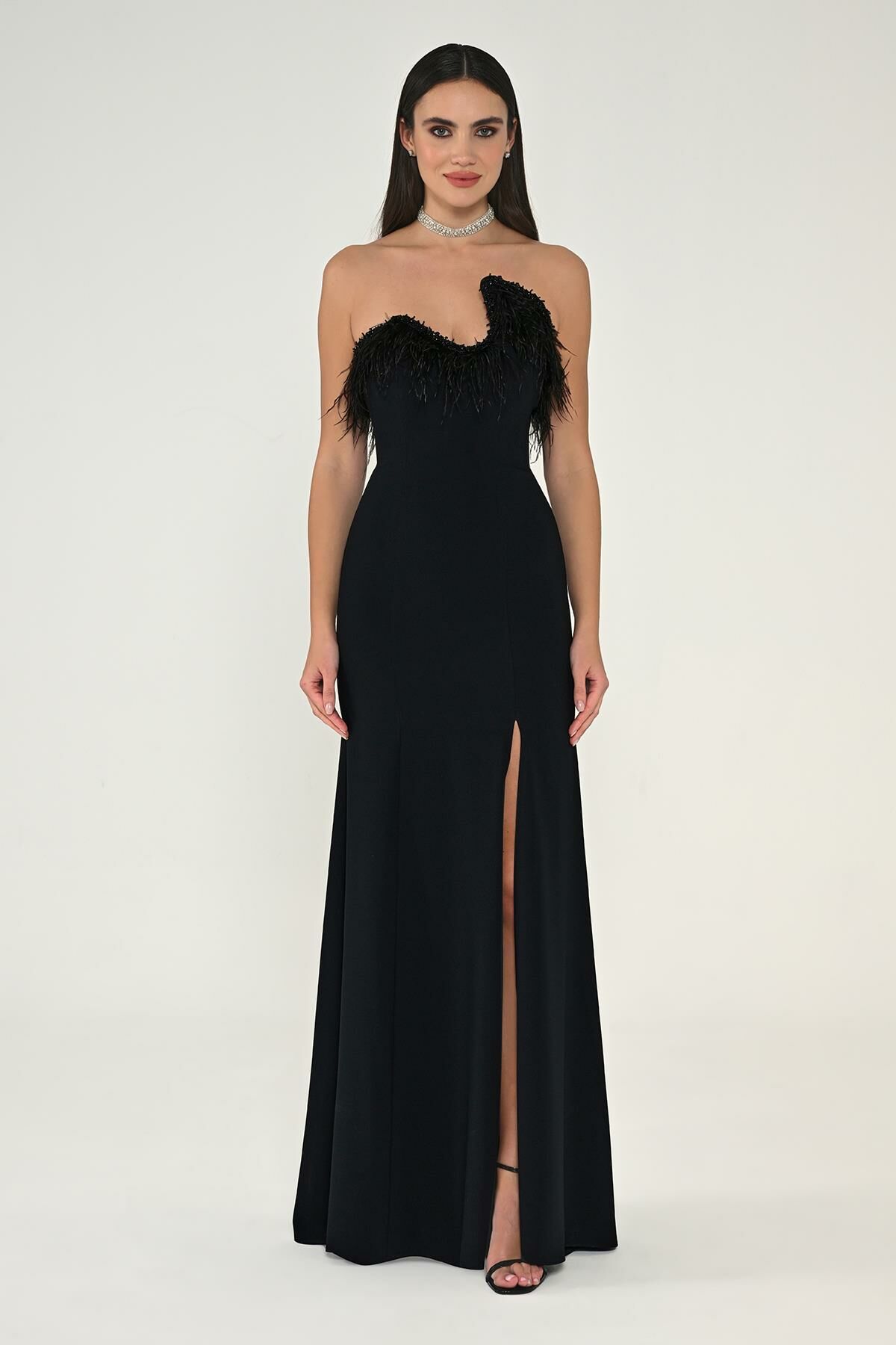 Strapless Top Feather Asymmetrical Cut Crepe Long Dress Black - 44