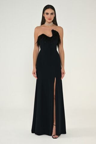 Strapless Top Feather Asymmetrical Cut Crepe Long Dress Black - 44