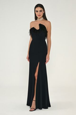 Strapless Top Feather Asymmetrical Cut Crepe Long Dress Black - 44