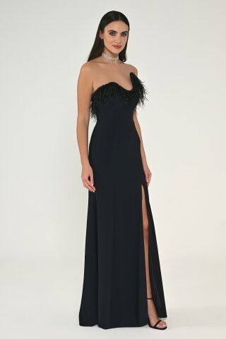 Strapless Top Feather Asymmetrical Cut Crepe Long Dress Black - 44