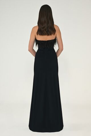 Strapless Top Feather Asymmetrical Cut Crepe Long Dress Black - 44