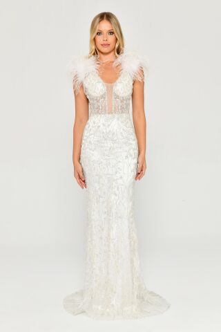 Omzu Otrişli Taşlı Uzun Elbise Beyaz - 44