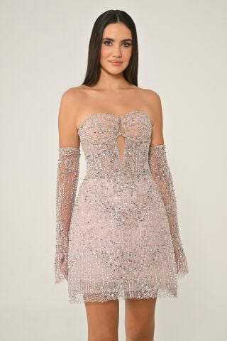 Straplez Taşlı Boncuk İşlemeli Kısa Elbise Pudra - 40