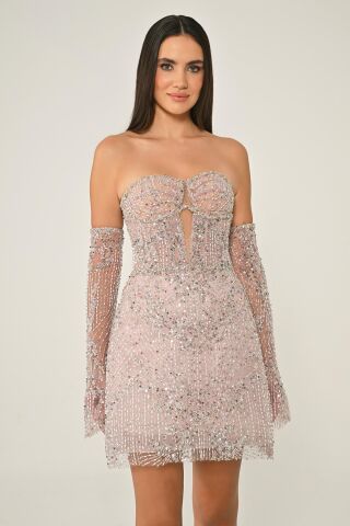Straplez Taşlı Boncuk İşlemeli Kısa Elbise Pudra - 42