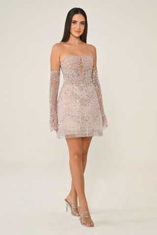 Straplez Taşlı Boncuk İşlemeli Kısa Elbise Pudra - 42