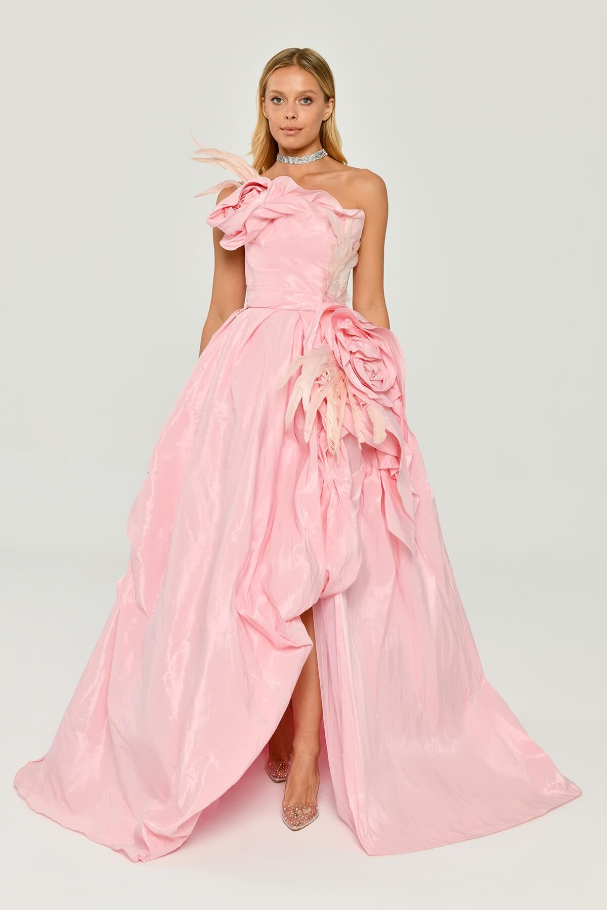 Strapless Princess Shiny Fabric Long Dress with Feather Accessories Pink - 38