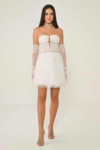Straplez Taşlı Boncuk İşlemeli Kısa Elbise EKRU - 36