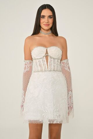 Straplez Taşlı Boncuk İşlemeli Kısa Elbise EKRU - 36