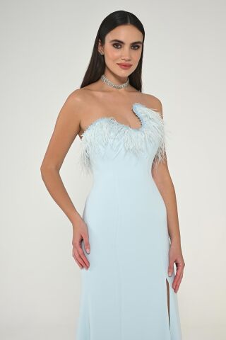 Straplez Üst Tüylü Asimetrik Kesim Krep Uzun Elbise AÇIK MAVİ - 44