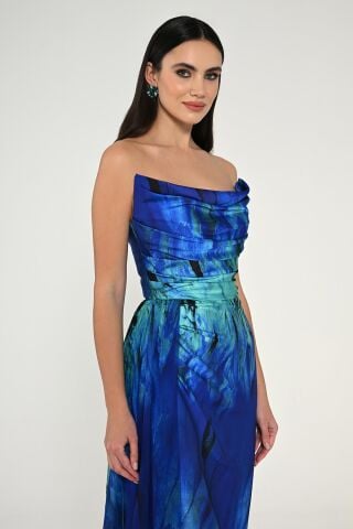 Kayık Yaka Yırtmaçlı Desenli Saten Elbise SAKS / YEŞİL - 42