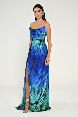 Kayık Yaka Yırtmaçlı Desenli Saten Elbise SAKS / YEŞİL - 42