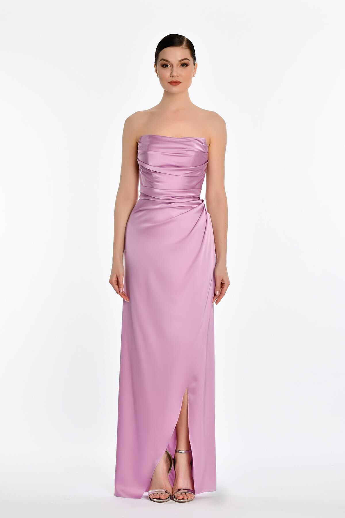 Straplez Saten Uzun Elbise Pembe - 38
