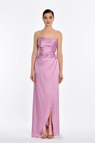 Straplez Saten Uzun Elbise Pembe - 38