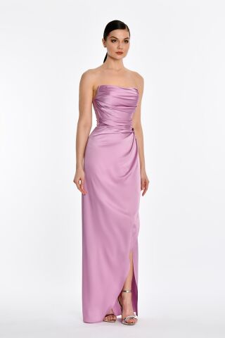 Straplez Saten Uzun Elbise Pembe - 38