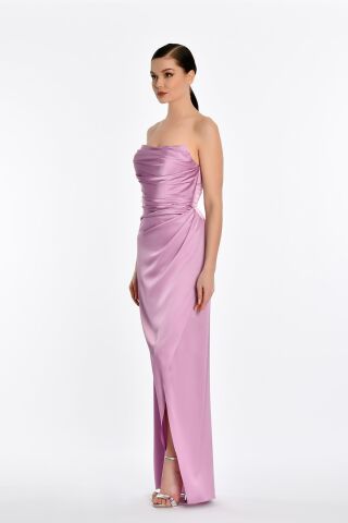 Straplez Saten Uzun Elbise Pembe - 38