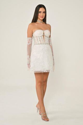 Straplez Taşlı Boncuk İşlemeli Kısa Elbise EKRU - 42