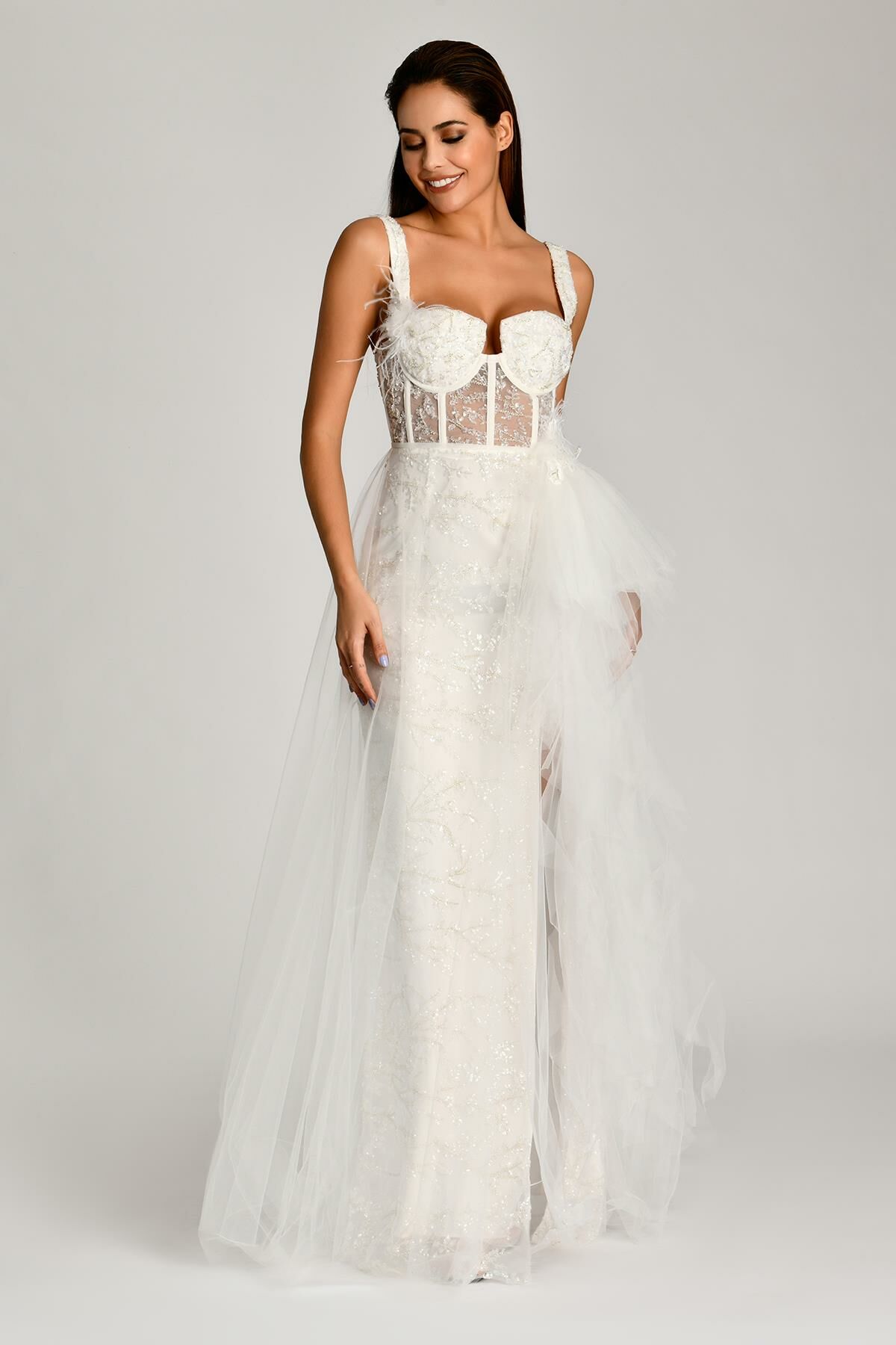 Askılı Otrişli Korseli Tül Uzun Elbise