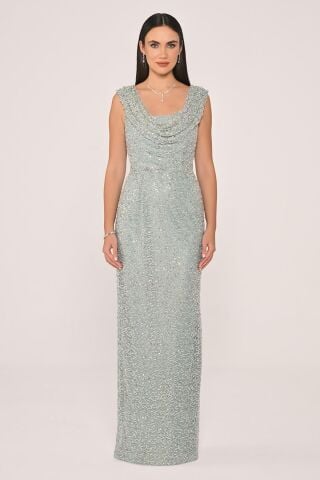 Langes Paillettenkleid mit Wasserfallausschnitt