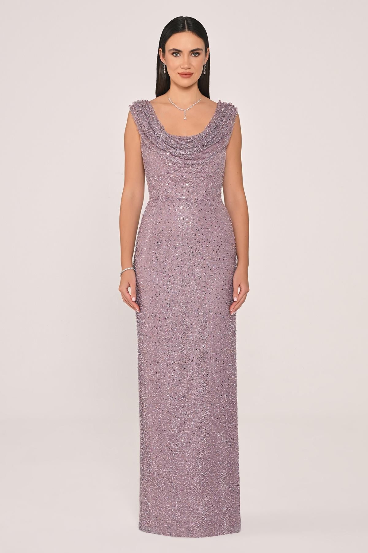 Degaje Yaka Payet Uzun Elbise Lila - 38