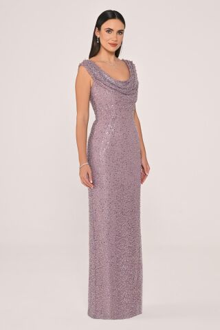 Degaje Yaka Payet Uzun Elbise Lila - 38