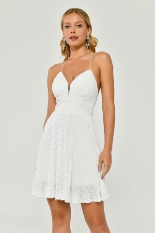 İp Askılı Payet Kumaş Kısa Elbise Beyaz - 40