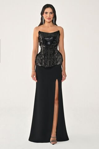 Straplez Üstü Pullu Payet Eteği Örme Kumaş Uzun Elbise