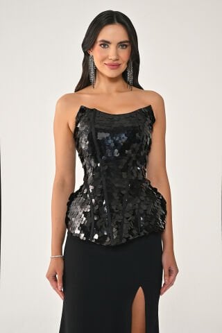 Straplez Üstü Pullu Payet Eteği Örme Kumaş Uzun Elbise