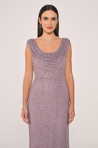 Degaje Yaka Payet Uzun Elbise Lila - 40