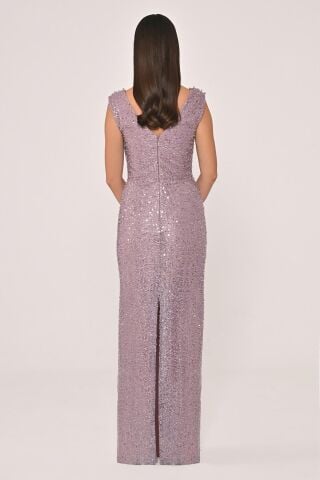 Degaje Yaka Payet Uzun Elbise Lila - 40