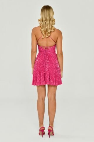 İp Askılı Payet Kumaş Kısa Elbise Fuşya - 36