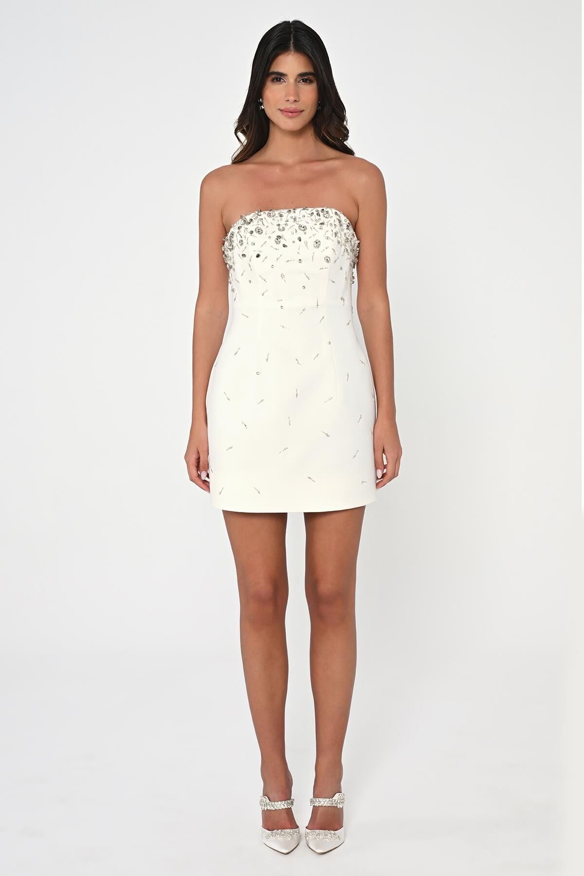 Trägerloses kurzes Kleid aus Crêpe mit Steinstickereien, Weiß - 36