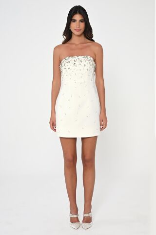 Trägerloses kurzes Kleid aus Crêpe mit Steinstickereien, Weiß - 36