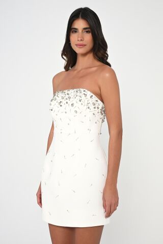 Trägerloses kurzes Kleid aus Crêpe mit Steinstickereien, Weiß - 36