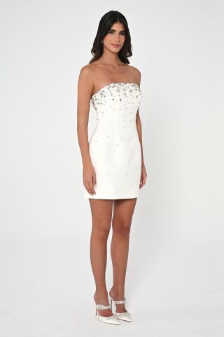 Trägerloses kurzes Kleid aus Crêpe mit Steinstickereien, Weiß - 36