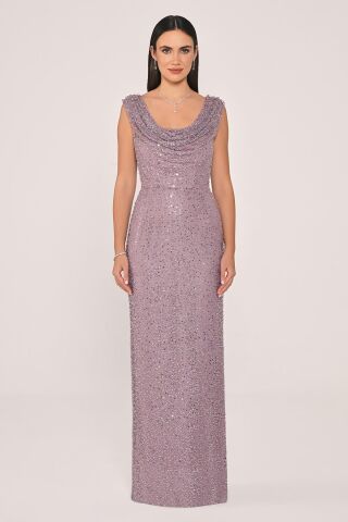 Degaje Yaka Payet Uzun Elbise Lila - 42