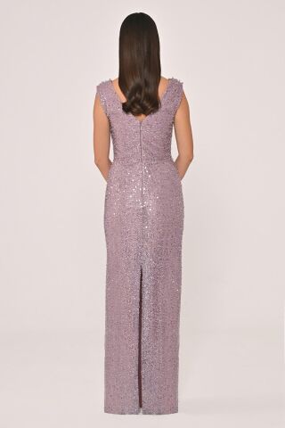 Degaje Yaka Payet Uzun Elbise Lila - 42
