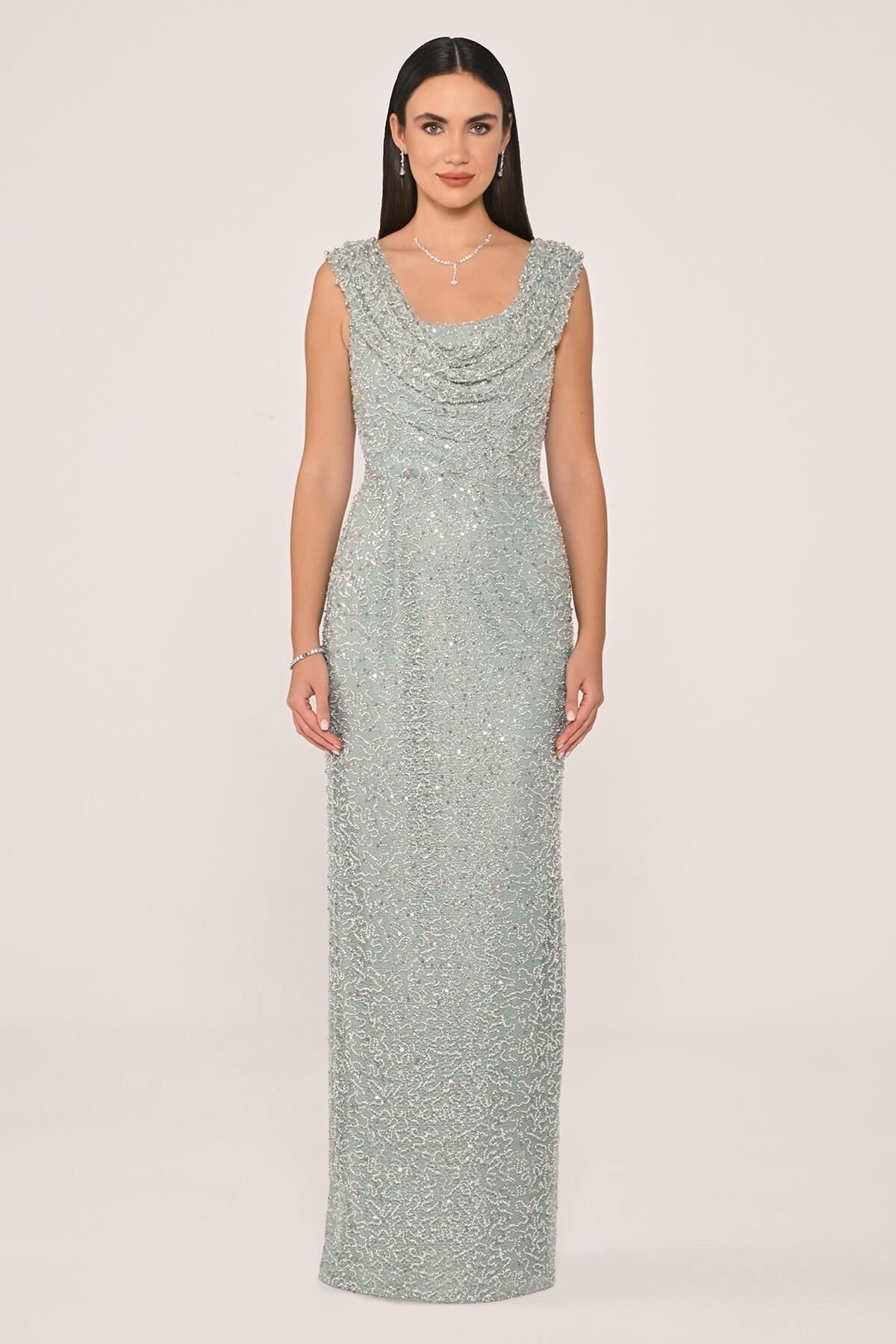 Degaje Yaka Payet Uzun Elbise MİNT - 38