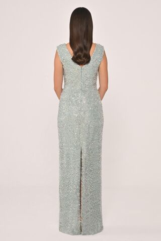 Degaje Yaka Payet Uzun Elbise MİNT - 38