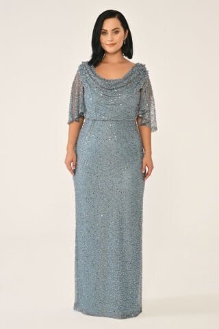 Degaje Yaka Şal Kısa Kol Payet Uzun Elbise