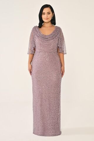 Degaje Yaka Şal Kısa Kol Payet Uzun Elbise