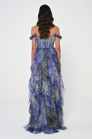 Düşük Fırfırlı Omuz Korse Bel Katlı Tül Uzun Elbise MOR / YEŞİL - 42